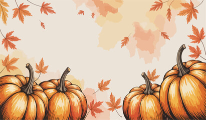 Pumpkins and autumn leaves background art pumpkin, autumn, leaves, background, art, fall, orange, season, decorative, design, illustration, harvest, seasonal, celebration, thanksgiving, vibrant, 