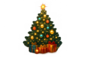 Christmas tree decorated with ornaments, lights, and star, with presents underneath, transparent background