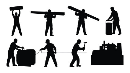 Industrial workers and machinery silhouettes isolated on white background, Vector