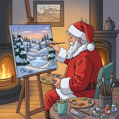 Santa claus painting a snowy winter landscape by a warm fireplace isolated on white background