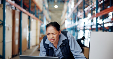 Confused woman, shipping and logistics with laptop in storage warehouse for supply chain error....