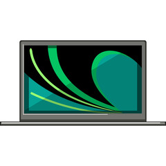 Laptop computer displaying abstract green and teal waves on a dark background with a grey casing and long shadow effect on a transparent backdrop