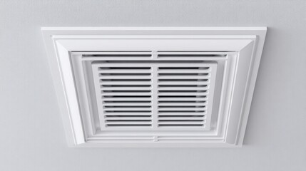 Detailed View of a Standard White Ceiling Air Vent on a Flat Ceiling with Metal Grate Design and Clean Finish