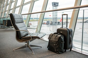 A leather chair is sitting in front of a suitcase