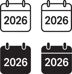 Calendar 2026 icon set, date schedule calendar symbols, editable black vector, solid black line outline filled minimal thin stroke, planning and event calendar icons for business buyers