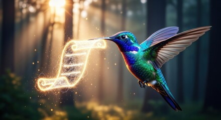 A colorful hummingbird with wings spread, flying in a forest with a glowing scroll in its beak.