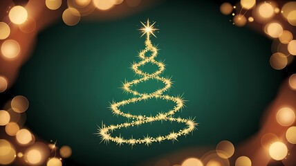 Sparkling golden christmas tree on green background with bokeh lights frame