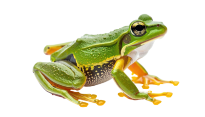 Side profile of a bright green and yellow frog