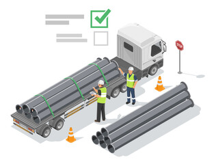 Safety standard inspection of industrial workers checking metal pipes loaded on truck to ensure secure transportation and compliance at construction site