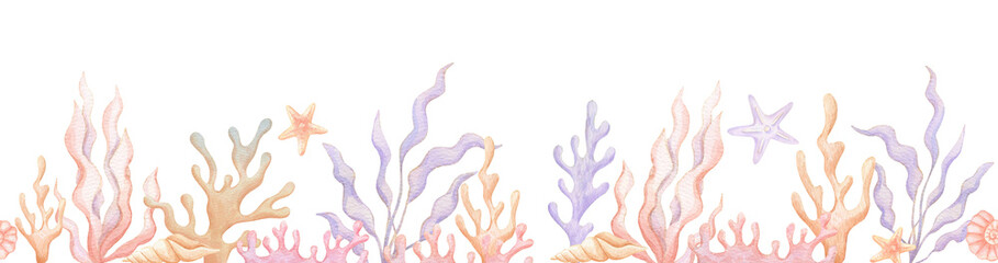 Seamless border with watercolor seaweed, ocean life, hand drawn illustration on isolated background.