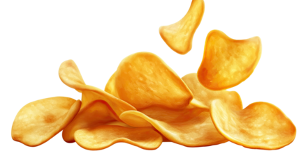 Crispy golden potato chips falling in air showing crunchy snack texture and delicious salted food isolated on white background