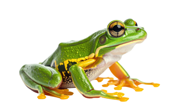 Vibrant green tree frog sits, its eye and body in clear focus