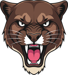Fierce cougar head illustration, aggressive mountain lion mascot design, roaring wild cat logo artwork, powerful predator character for sports branding