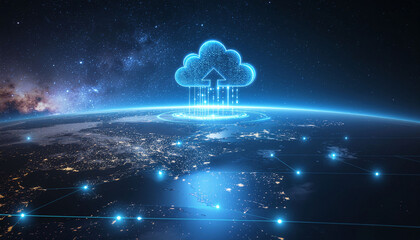 Global digital network connects Earth with abstract cloud computing upload symbol illuminating the planet's night lights