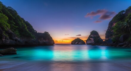 Turquoise waters and a vibrant sky frame the Indonesian coastal scene at dusk