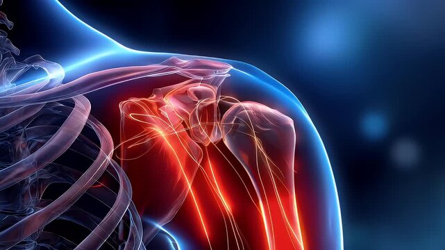 Medical illustration of human shoulder joint anatomy and pain