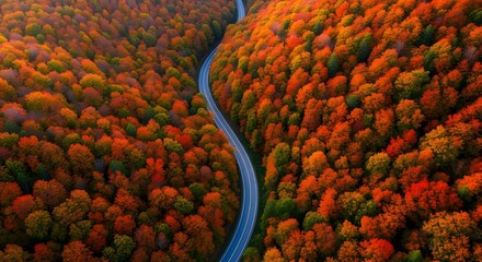 A breathtaking aerial drone shot of a winding road cutting through a dense forest in peak autumn. The trees are a vibrant tapestry of red, orange, and yellow leaves. The scene is captured from a high 