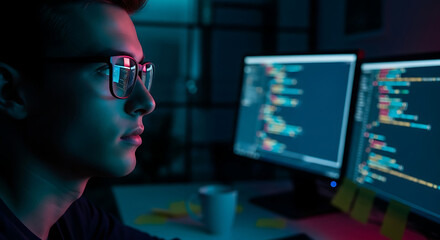 Focused programmer coding at night with two monitors displaying code.