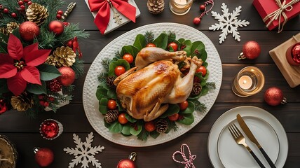 Festive christmas dinner with roasted chicken and holiday decorations on table