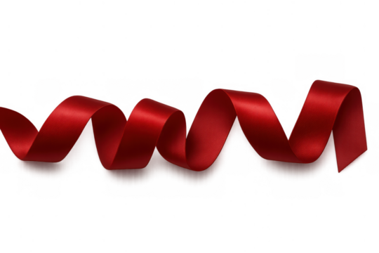 Red satin ribbon unfurling, creating elegant wave shapes, isolated on transparent background for design elements