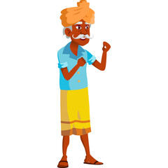 Indian Elderly Man Wearing Orange Turban Blue Shirt Yellow Shorts And Flip Flops In A White Background