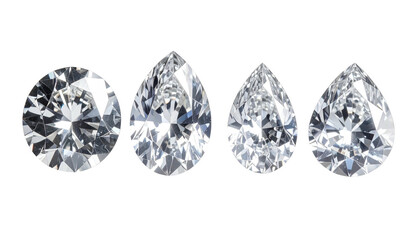 Four shiny faceted diamonds, diverse shapes, on black ground