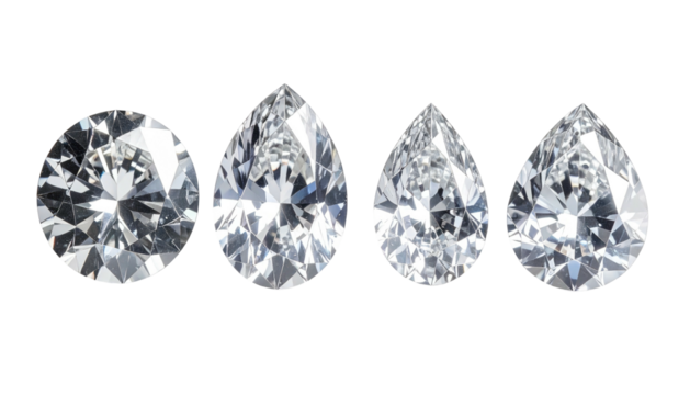 Four shiny faceted diamonds, diverse shapes, on black ground
