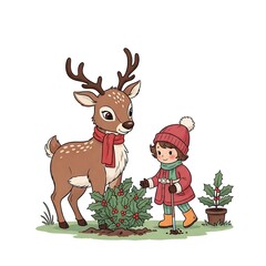 Cute cartoon reindeer and child decorating a christmas tree isolated on white background