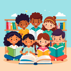A diverse group of happy cartoon children sitting and standing together while reading colorful books.