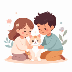 Adorable Cartoon Children Gently Petting a Fluffy Orange and White Cat.