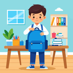 Boy with Blue Backpack Ready for School, Wearing White Shirt and Blue Pants.