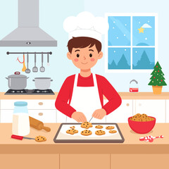 Cartoon Boy Decorating Christmas Cookies with Sprinkles Wearing Chef Hat and Apron.