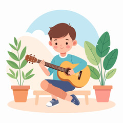 Cartoon Boy Playing Acoustic Guitar, Sitting, Smiling, with Brown Hair and Blue Shirt.