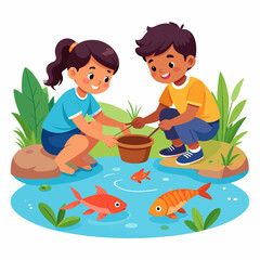 Cheerful cartoon boy and girl fishing in a pond with vibrant orange fish.
