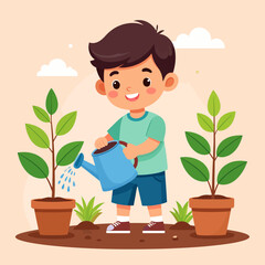 Smiling cartoon boy watering potted plants with a blue can, nurturing green sprouts in soil.