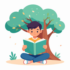 Stylized cartoon boy reading a green book under a leafy tree, sitting cross-legged.
