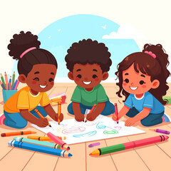 Three smiling children drawing together on a large sheet of paper with colorful crayons.