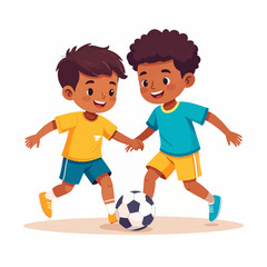 Two cheerful cartoon boys playing soccer with a ball.