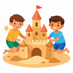 Two cheerful cartoon boys in colorful clothes happily building a large sandcastle with towers and a red flag.