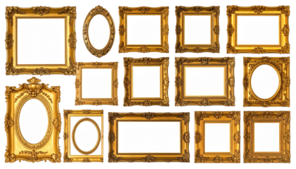 Collection of ornate golden picture frames with empty spaces