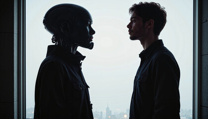 Man and robot facing each other in a futuristic cityscape with a sunset backdrop