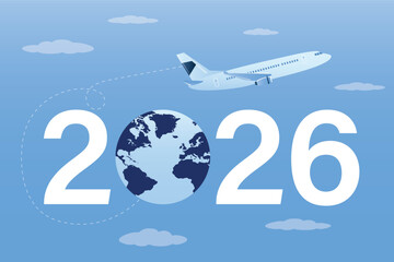 Flying airplane, trip and holidays in 2026 on blue sky background. Time to travel. Horizontal banner. Vacation, global trip. Motivational poster, design for web or marketing