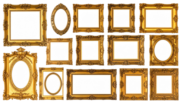 Collection of ornate golden picture frames with empty spaces