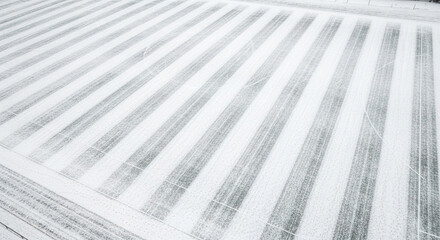 Obraz premium Aerial view of a snowcovered agricultural field with distinct striped patterns from plowing, creating a stark winter landscape