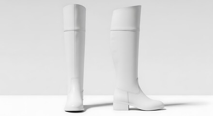 Rendered white, over-the-knee footwear, front and side views, set against a plain, light background, highlighting sleek lines