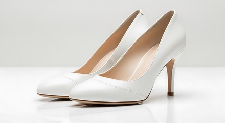 Pair of elegant, white, high-heeled shoes, softly lit against a bright, neutral backdrop with a subtle reflection