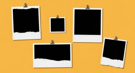 Five blank instant photo frames with torn edges are clipped to a yellow wall, creating a nostalgic and customizable display for memories and creative projects
