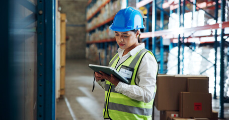 Tablet, logistics worker and woman in warehouse for distribution, supply chain or check stock....