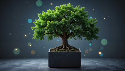 Artistic bonsai tree in a modern pot surrounded by soft glowing bokeh lights