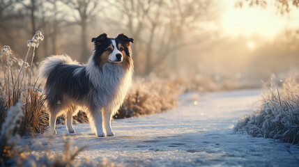 Dog standing on frosty path in winter sunrise landscape  